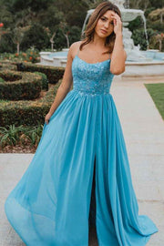 Blue Straps Appliques Lace-Up Back Prom Dress