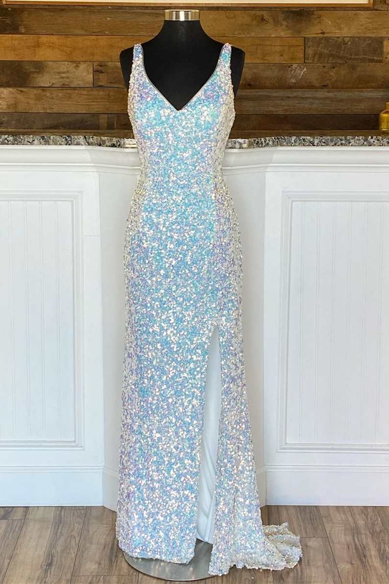Silver Sequin V-Neck Mermaid Long Prom Dress