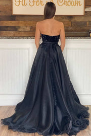 Black Sequin Strapless Mermaid Formal Dress with Attached Train