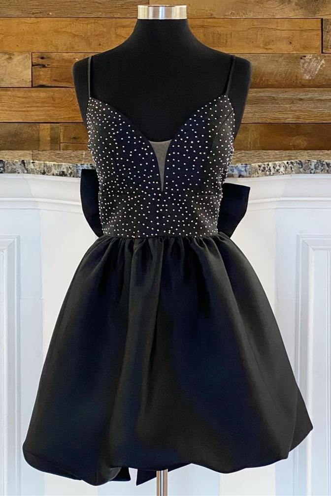 Bow Back Black Beaded Straps A-Line Party Dress Modsele Bow Back Black Beaded Straps A-Line Party Dress Modsele