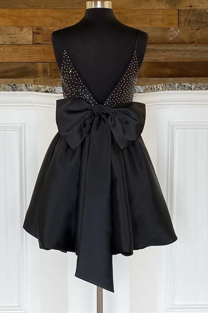 Bow Back Black Beaded Straps A-Line Party Dress