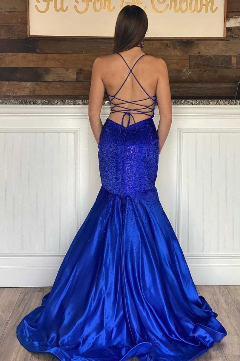 Royal Blue Beaded V-Neck Lace-Up Trumpet Prom Dress