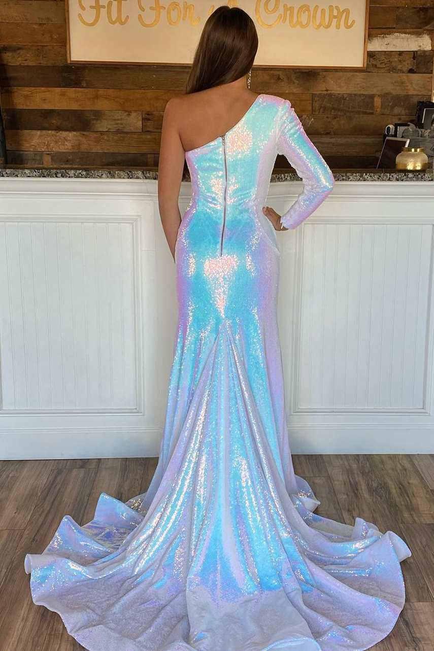 Rainbow Sequin One-Shoulder Mermaid Long Prom Dress