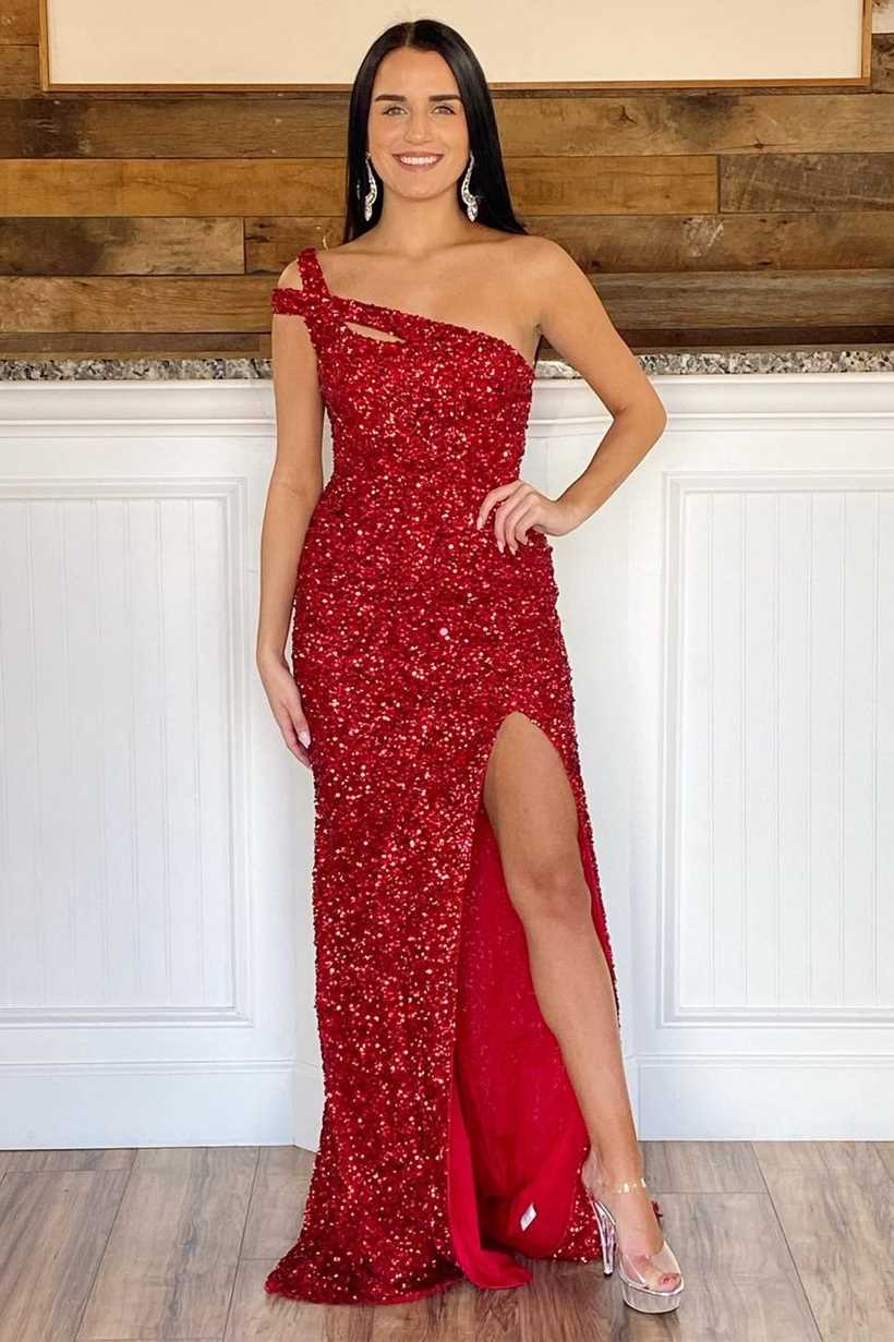 Red Sequin One-Shoulder Cutout  Backless Mermaid Long Prom Dress
