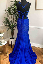 Royal Blue Beaded Cowl Neck Mermaid Long Prom Dress