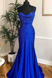 Royal Blue Beaded Cowl Neck Mermaid Long Prom Dress
