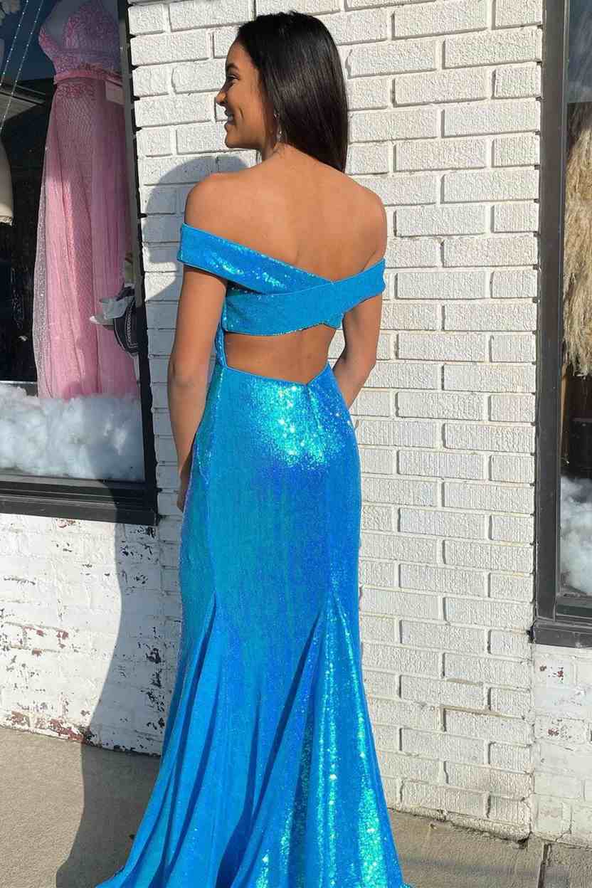 Lilac Sequin Off-the-Shoulder Backless Mermaid Long Prom Dress