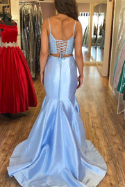 Two-Piece Glitter Light Blue Straps Trumpet Long Prom Dress