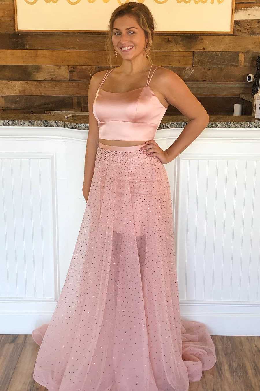 Two-Piece Pink Mesh Double Straps Long Prom Dress