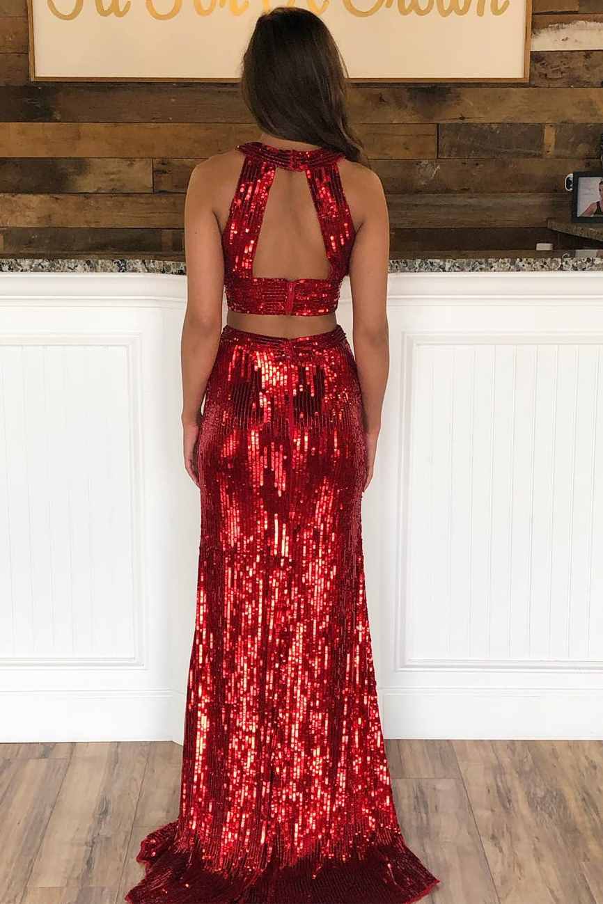 Two-Piece Red Sequin Halter Mermaid Prom Dress with Side Slit