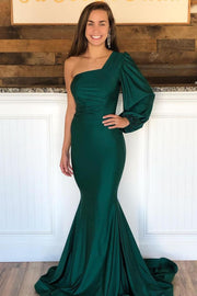 Hunter Green One-Shoulder Long Sleeve Trumpet Prom Dress