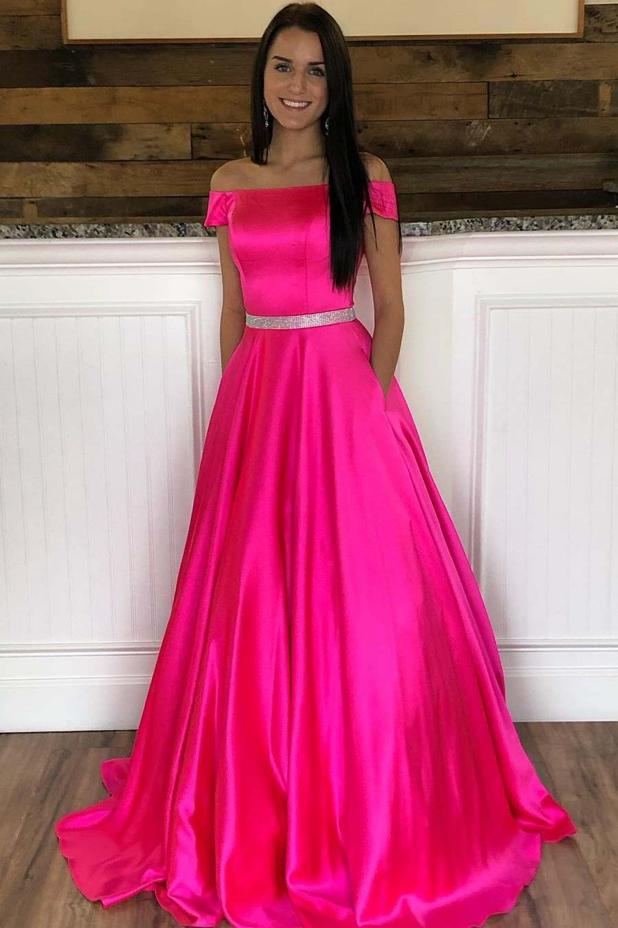Hot Pink Off-the-Shoulder A-Line Prom Dress