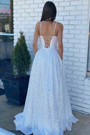 White Sequin Straps Lace-Up Back A-Line Prom Dress