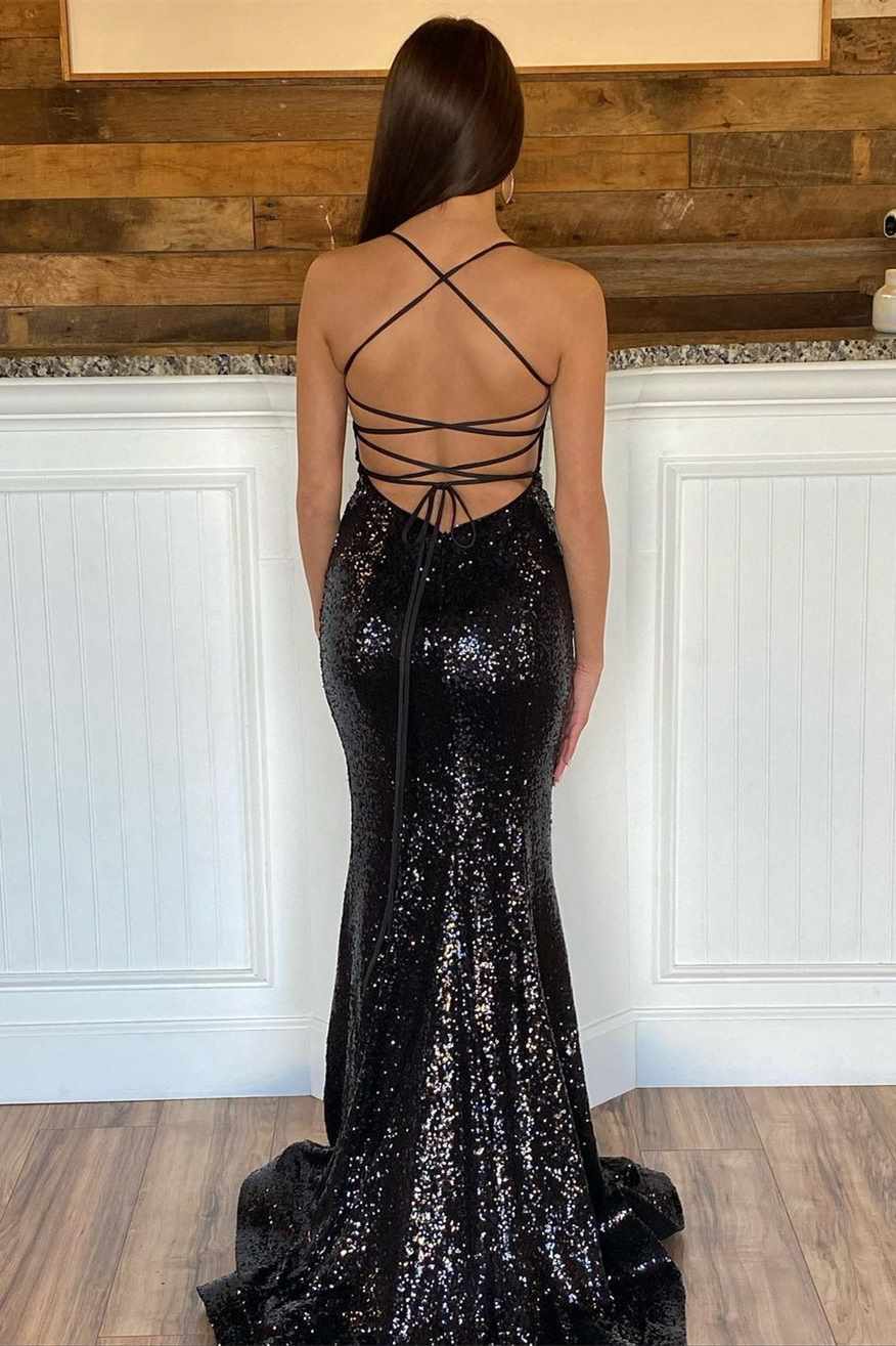 Black Sequin V-Neck Lace-Up Back Mermaid Prom Dress