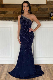 Navy Blue Beaded One-Shoulder Lace-Up Mermaid Long Prom Dress