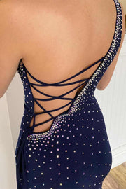 Navy Blue Beaded One-Shoulder Lace-Up Mermaid Long Prom Dress