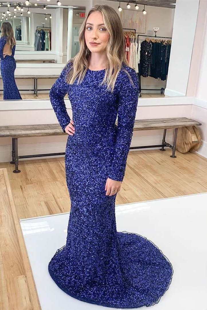 Navy Blue Sequin Long Sleeve Backless Mermaid Prom Dress