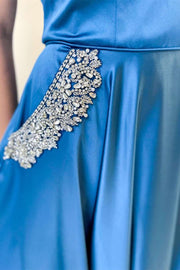 Blue Off-the-Shoulder Backless Rhinestone Prom Dress