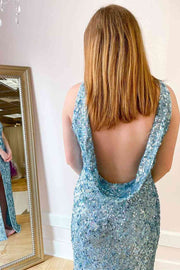 Teal Sequin Cowl Back Mermaid Long Prom Dress