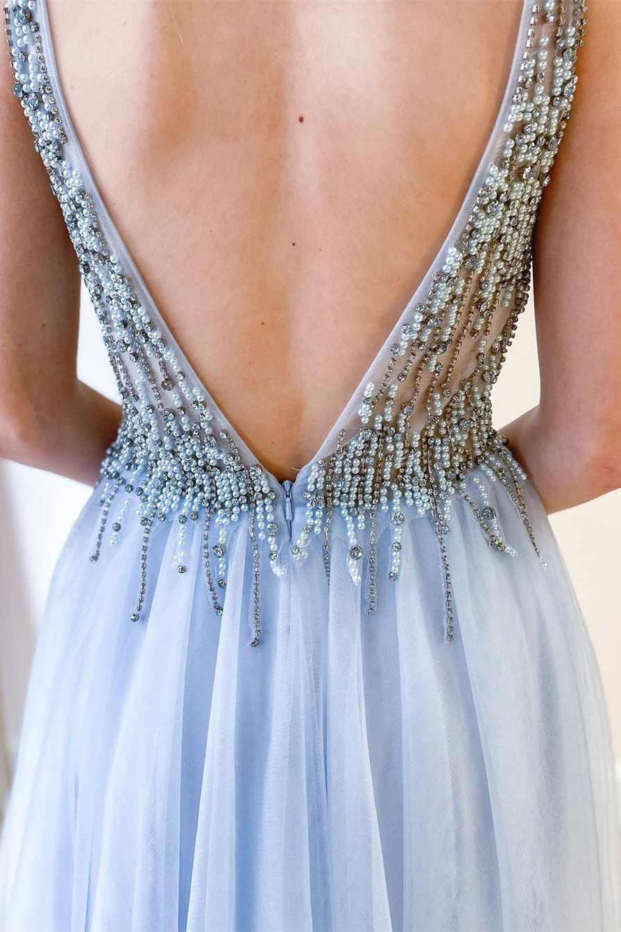 Light Blue Beaded V-Neck Backless A-Line Prom Dress