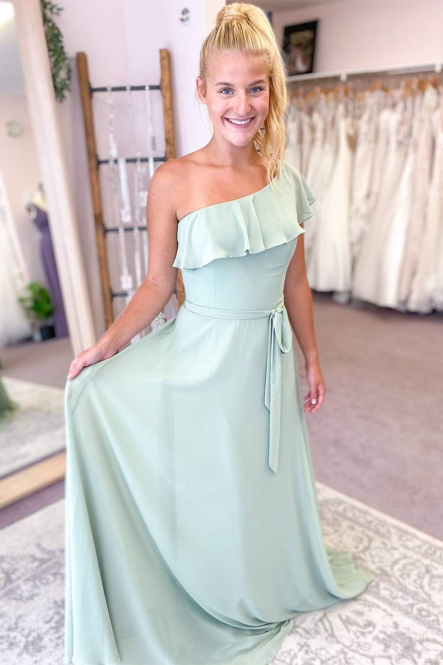 slim fit dress slacks Sage Green One-Shoulder Ruffled Bridesmaid Dress – Modsele