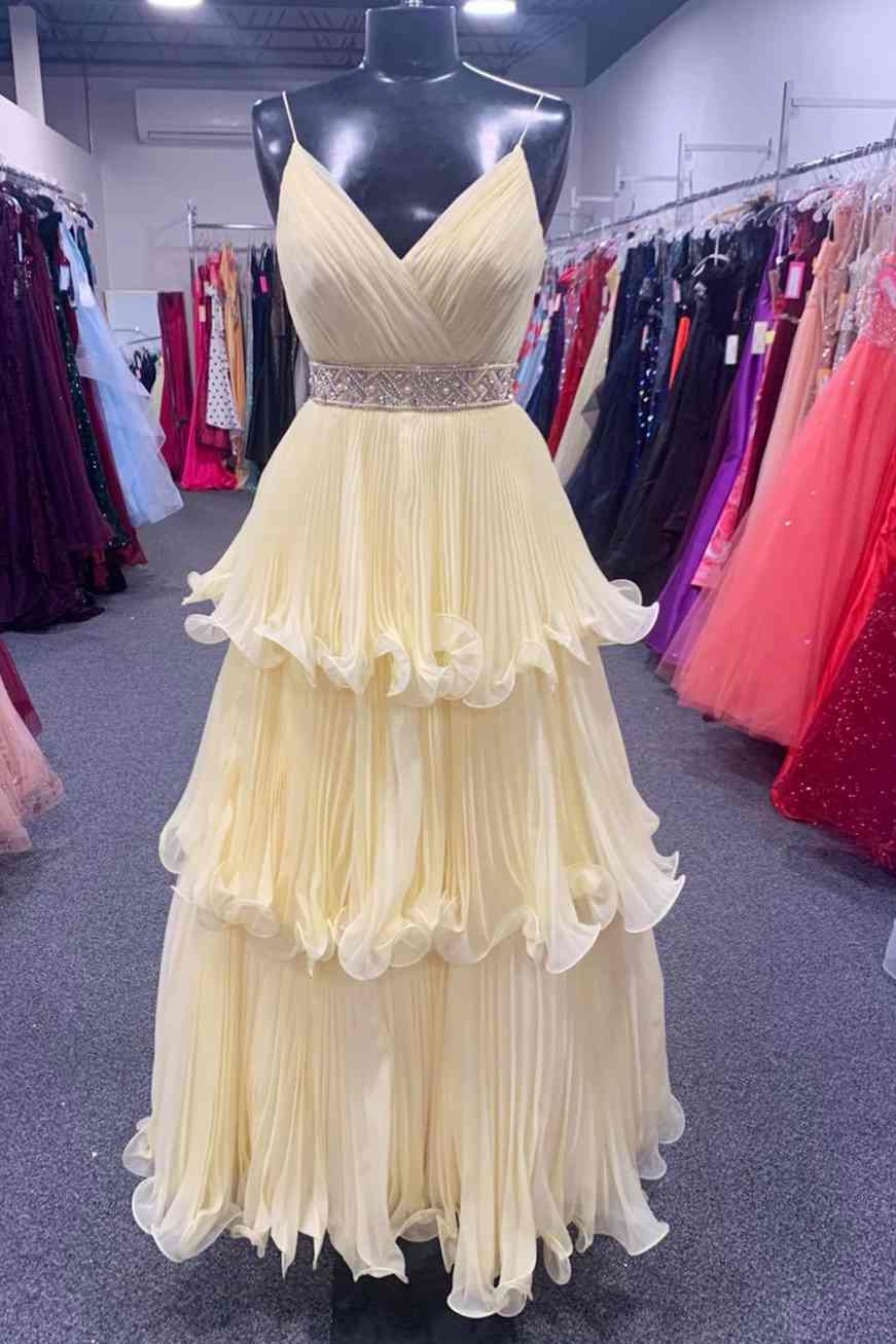 Yellow V-Neck Straps A-Line Tiered Prom Dress