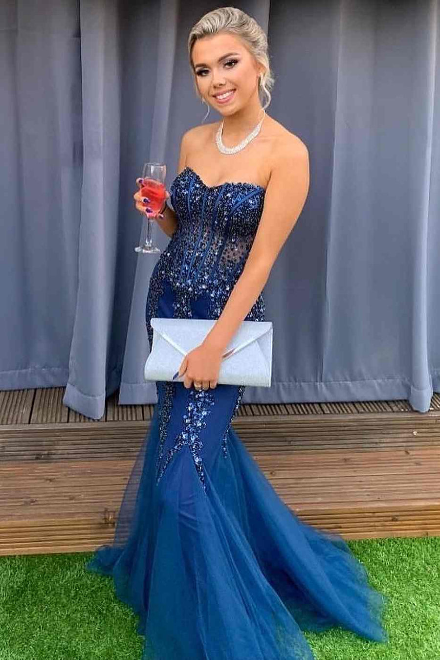Navy Blue Beaded Strapless Cutout Mermaid Long Formal Dress Modsele Navy Blue Beaded Strapless Cutout Mermaid Long Formal Dress Modsele