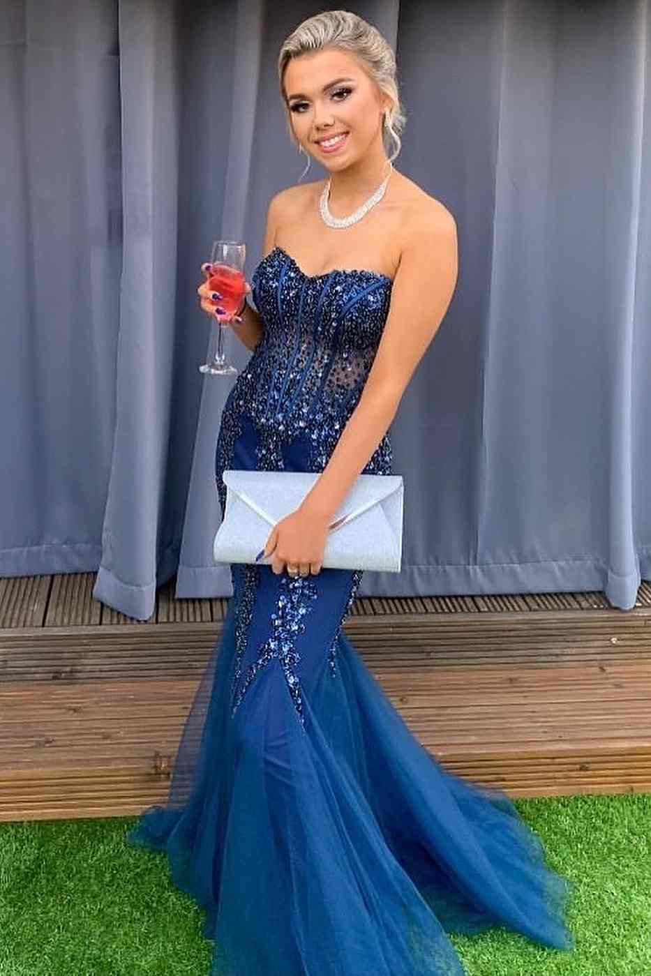 Navy Blue Beaded Strapless Cutout Mermaid Long Formal Dress – Modsele