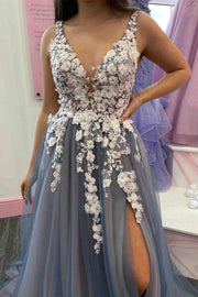 Tulle V-Neck Appliques Backless A-Line Prom Gown