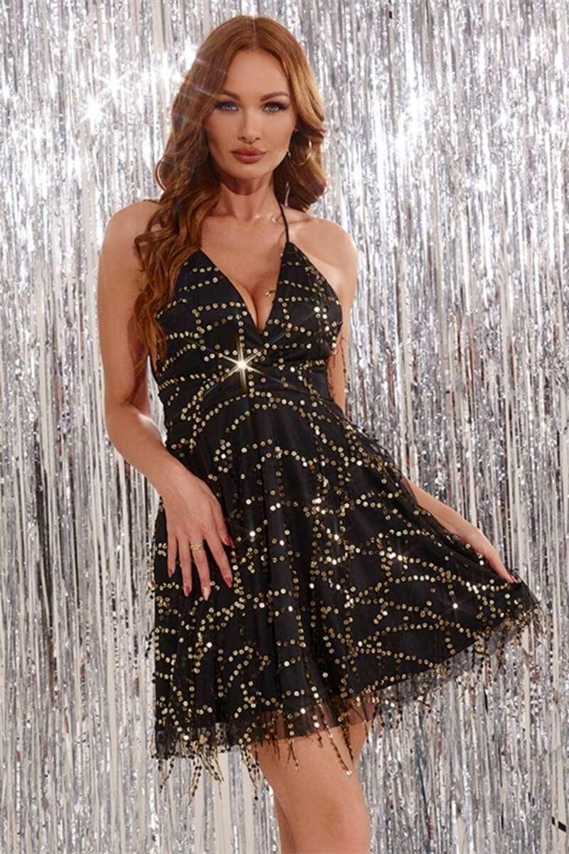 A-Line Black V-Neck Backless Fringe Short Party Dress Modsele A-Line Black V-Neck Backless Fringe Short Party Dress Modsele