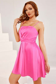 Neon Pink Satin Straps A-line Short Party Dress