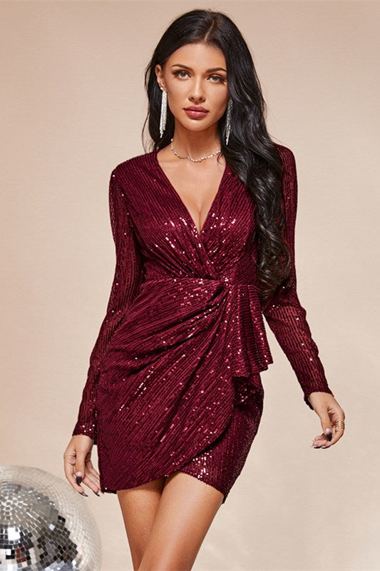 Champagne Sequin V-Neck Ruched Long Sleeve Mini Party Dress