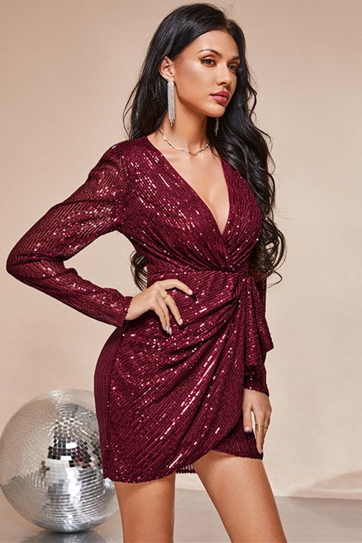 Champagne Sequin V-Neck Ruched Long Sleeve Mini Party Dress