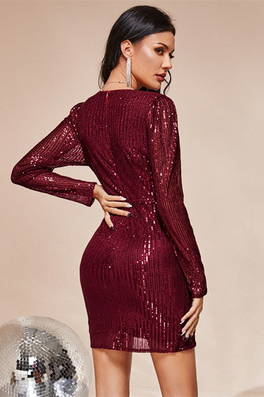 Champagne Sequin V-Neck Ruched Long Sleeve Mini Party Dress
