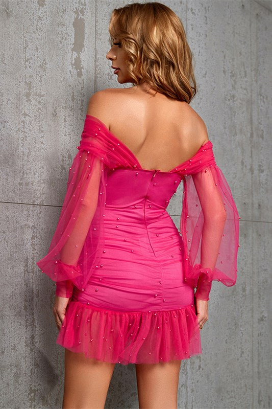 Olive Green Tulle Off-the-Shoulder Ruffled Bodycon Mini Dress