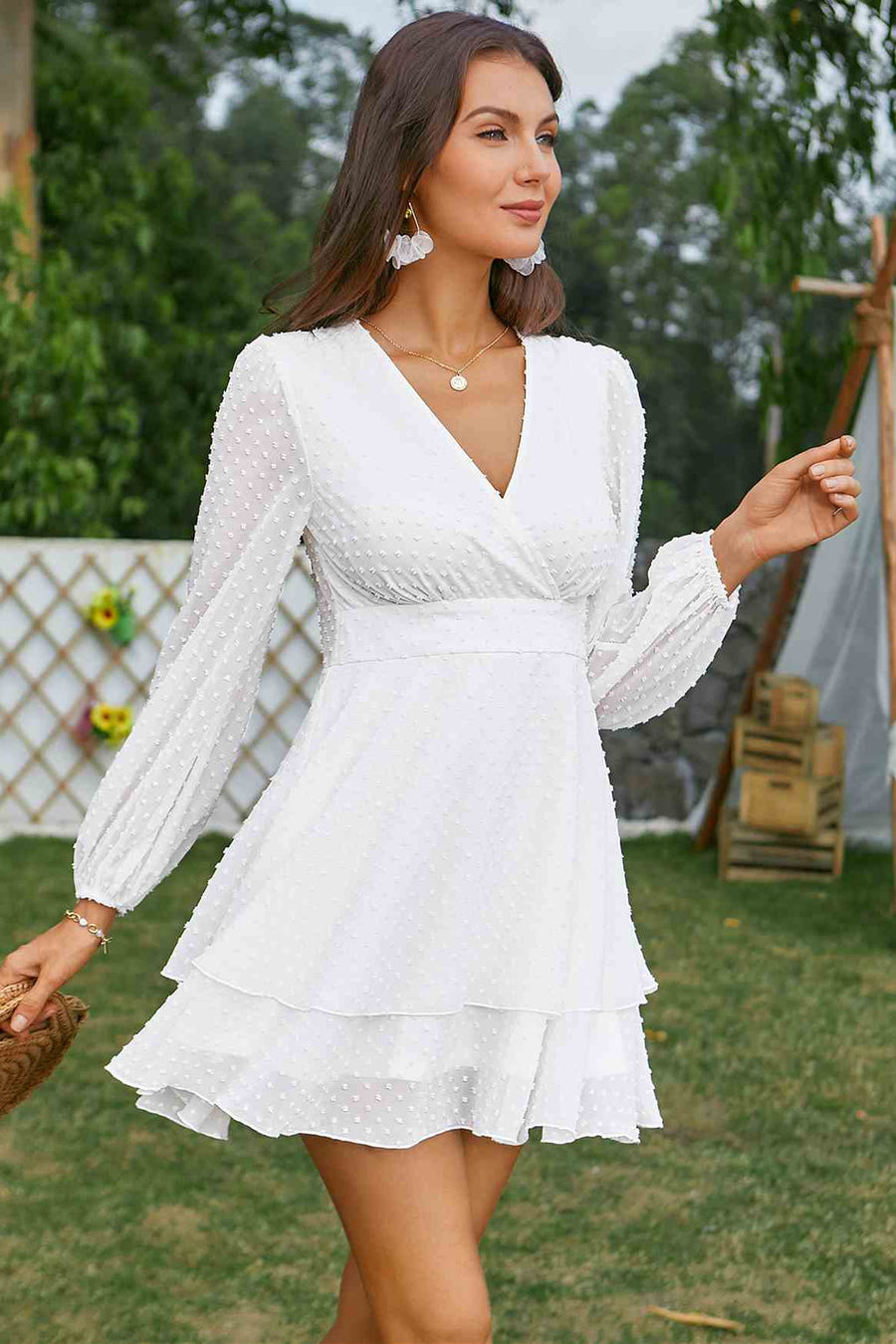 White V-Neck Long Sleeve Tiered Skater Dress Modsele White V-Neck Long Sleeve Tiered Skater Dress Modsele