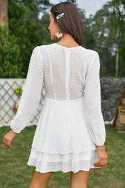 White V-Neck Long Sleeve Tiered Skater Dress