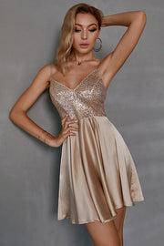 Champagne Sequin and Satin Block V-Neck Pleated Short Dress