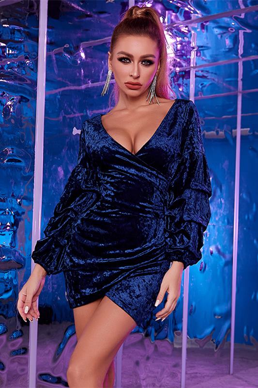 Royal Blue Velvet V-Neck Balloon Sleeve Pleated Bodycon Mini Dress Modsele Royal Blue Velvet V-Neck Balloon Sleeve Pleated Bodycon Mini Dress Modsele