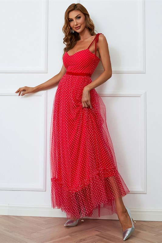 Red Polka Dot Tulle Tie-Strap Long Evening Dress