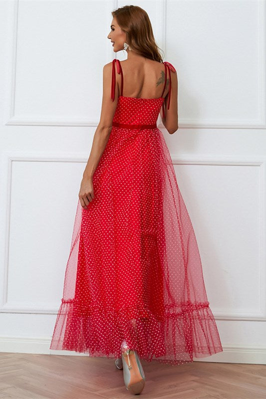 Red Polka Dot Tulle Tie-Strap Long Evening Dress