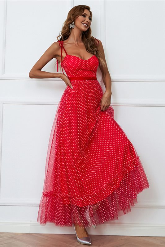 Red Polka Dot Tulle Tie-Strap Long Evening Dress