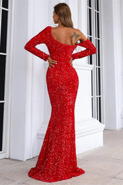 Red Sequin Asymmetrical Long Sleeve Mermaid Long Evening Dress