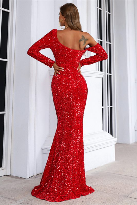 Red Sequin Asymmetrical Long Sleeve Mermaid Long Evening Dress