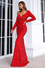 Red Sequin Asymmetrical Long Sleeve Mermaid Long Evening Dress