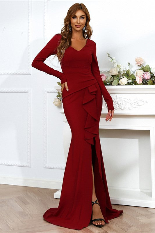 Red Satin V-Neck Long Sleeve Ruffled Mermaid Long Formal Dress
