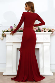 Red Satin V-Neck Long Sleeve Ruffled Mermaid Long Formal Dress
