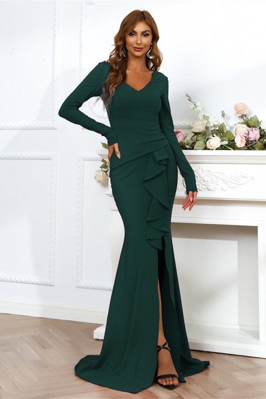 Red Satin V-Neck Long Sleeve Ruffled Mermaid Long Formal Dress