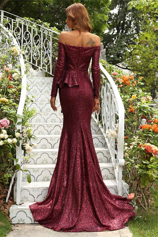 Burgundy Sequin Off-the-Shoulder Ruffles Long Evening Dress