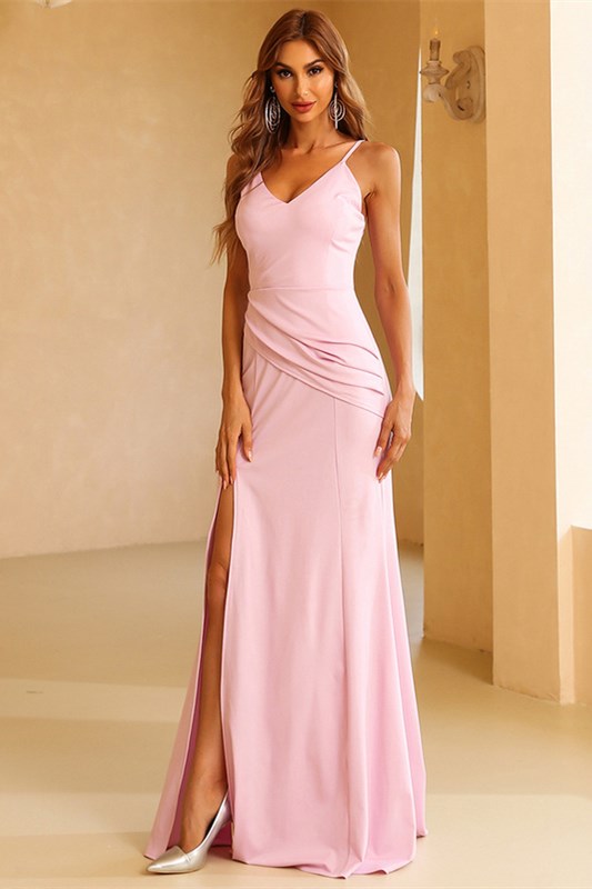 Pink V-Neck Ruched Side Slit Mermaid Long Evening Dress